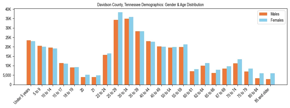 Bar chart showing the population distribution of Davidson County, Tennessee by age group and gender, based on 2023 ACS data.
