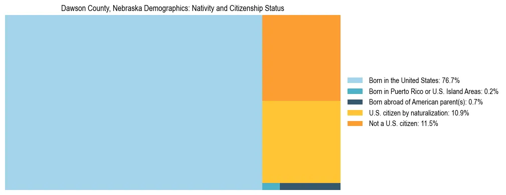 Treemap showing the population distribution by nativity and citizenship status in Dawson County, Nebraska based on U.S. Census data.