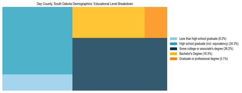 Treemap chart illustrating the educational attainment breakdown for population 25 years and over in Day County, South Dakota.