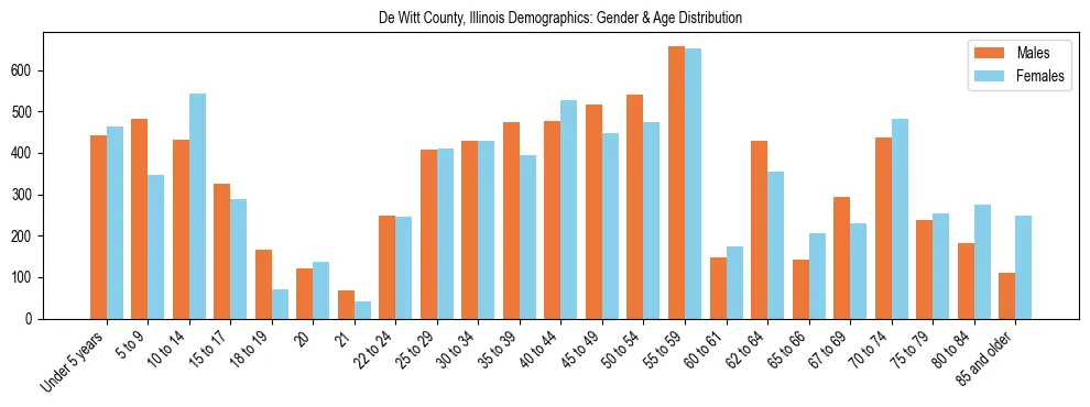 Bar chart showing the population distribution of De Witt County, Illinois by age group and gender, based on 2023 ACS data.