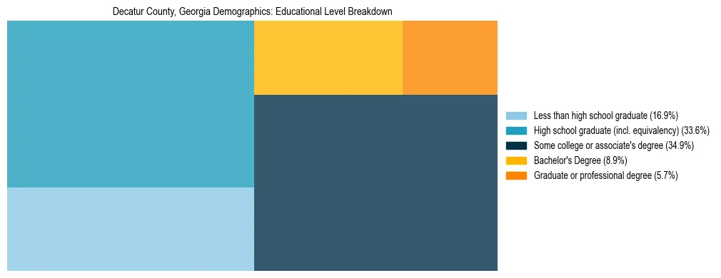 Treemap chart illustrating the educational attainment breakdown for population 25 years and over in Decatur County, Georgia.
