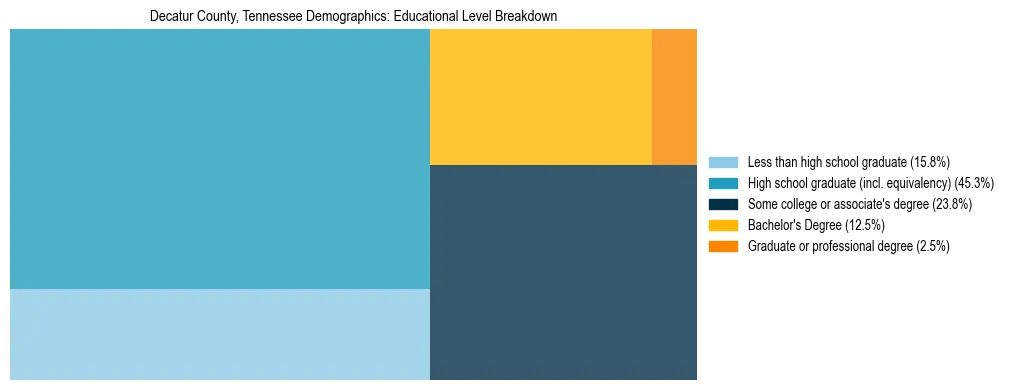 Treemap chart illustrating the educational attainment breakdown for population 25 years and over in Decatur County, Tennessee.