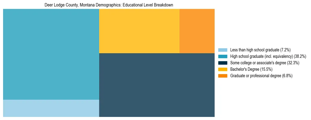 Treemap chart illustrating the educational attainment breakdown for population 25 years and over in Deer Lodge County, Montana.