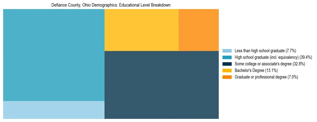 Treemap chart illustrating the educational attainment breakdown for population 25 years and over in Defiance County, Ohio.