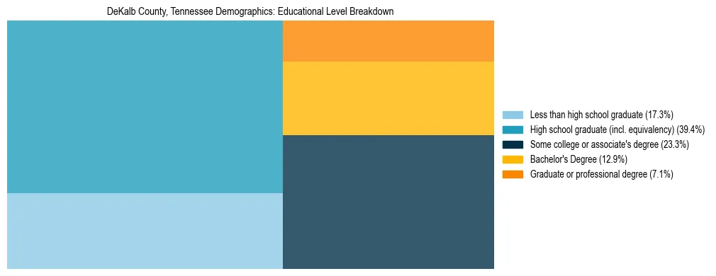 Treemap chart illustrating the educational attainment breakdown for population 25 years and over in DeKalb County, Tennessee.