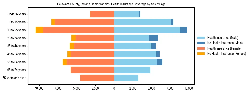 Pyramid chart showing health insurance coverage by age and sex in Delaware County, Indiana.