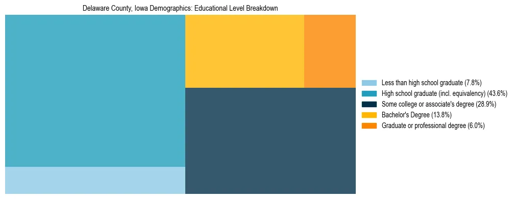 Treemap chart illustrating the educational attainment breakdown for population 25 years and over in Delaware County, Iowa.