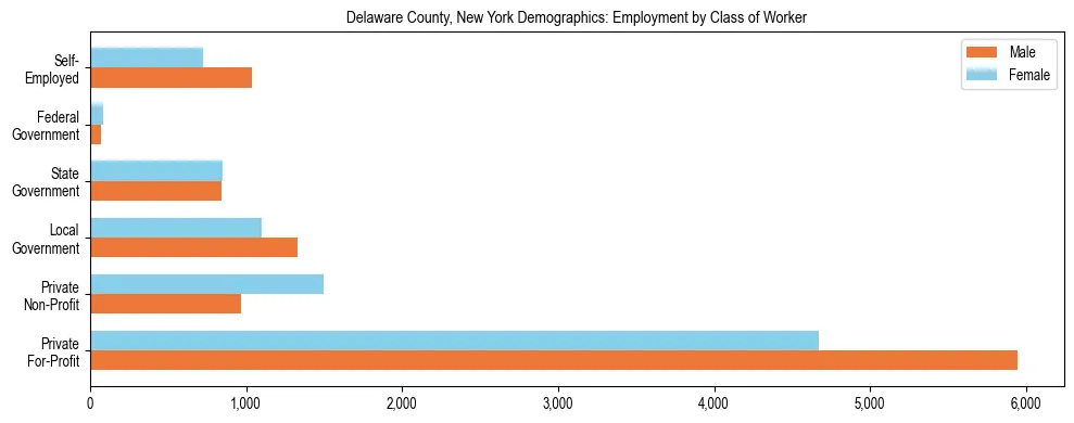 Horizontal bar chart showing employment distribution by class of worker and gender in Delaware County, New York, based on 2023 ACS data.