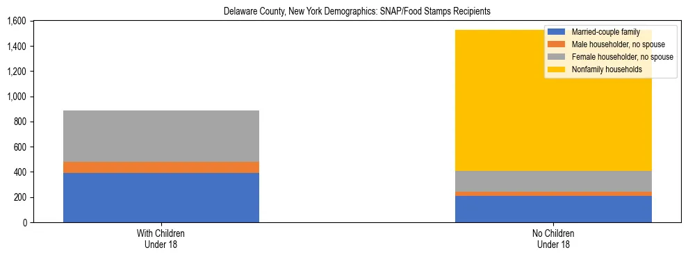 Stacked bar chart showing SNAP/Food Stamps recipient household composition by presence of children under 18 in Delaware County, New York, based on 2023 ACS data.