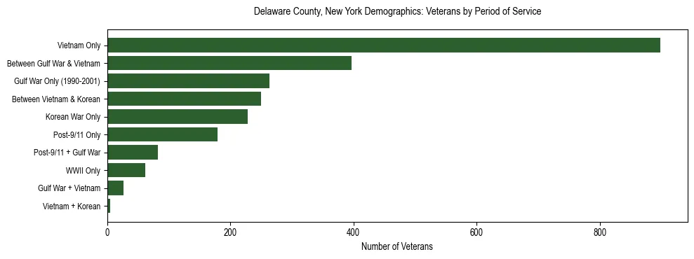 Horizontal bar chart showing veteran distribution by period of military service in Delaware County, New York, based on 2023 ACS data.