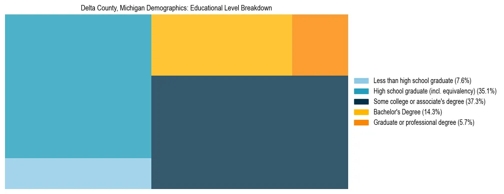 Treemap chart illustrating the educational attainment breakdown for population 25 years and over in Delta County, Michigan.