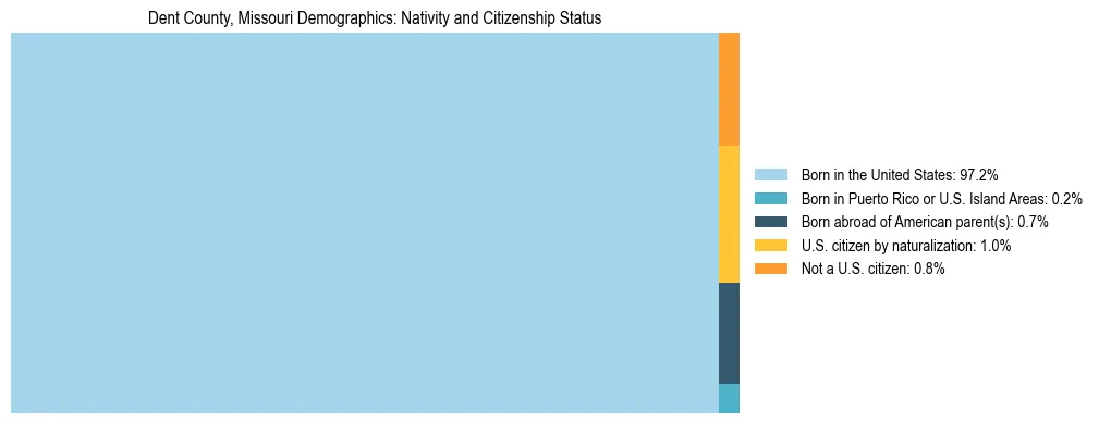 Treemap showing the population distribution by nativity and citizenship status in Dent County, Missouri based on U.S. Census data.