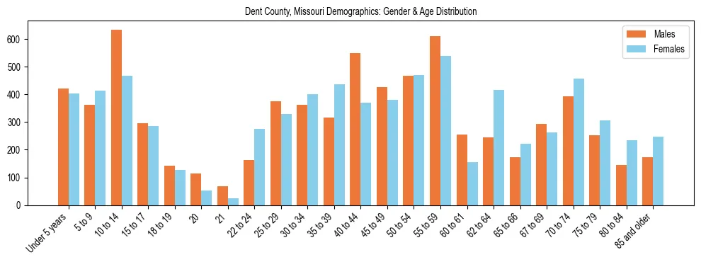 Bar chart showing the population distribution of Dent County, Missouri by age group and gender, based on 2023 ACS data.