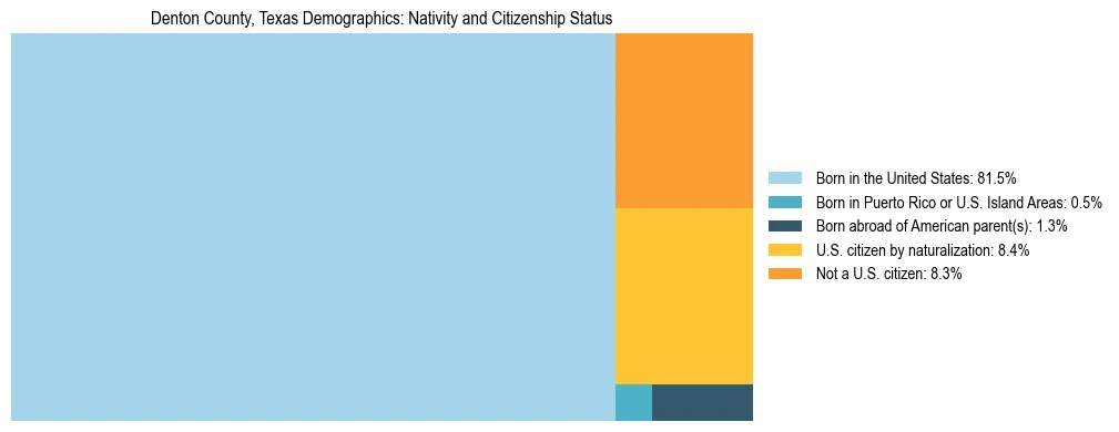 Treemap showing the population distribution by nativity and citizenship status in Denton County, Texas based on U.S. Census data.