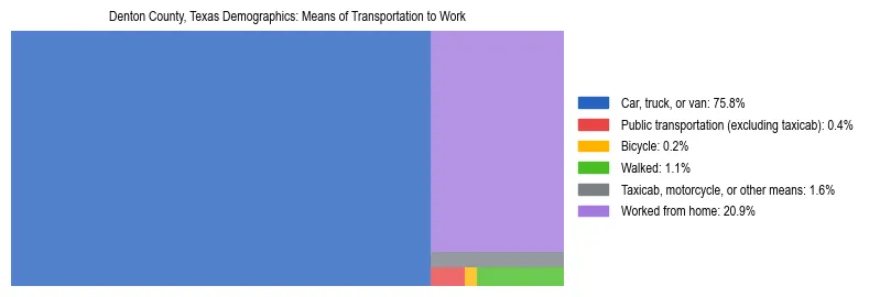 Treemap showing means of transportation to work distribution in Denton County, Texas.