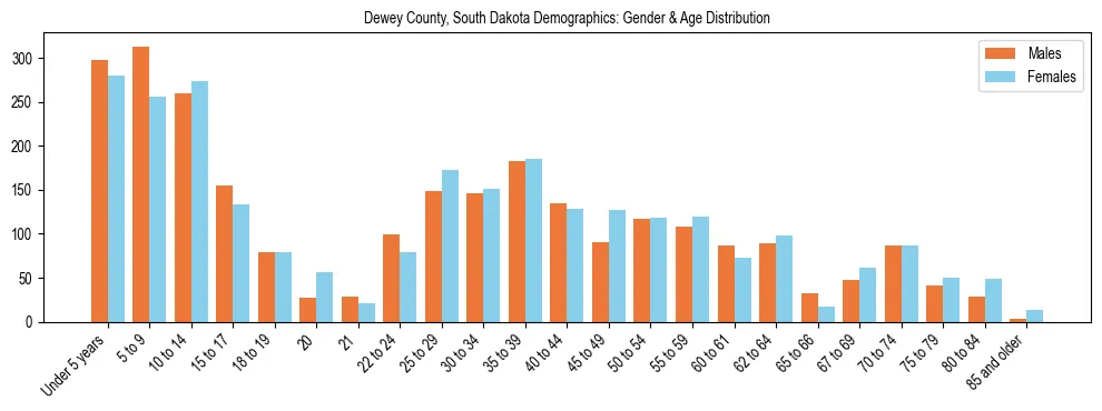 Bar chart showing the population distribution of Dewey County, South Dakota by age group and gender, based on 2023 ACS data.