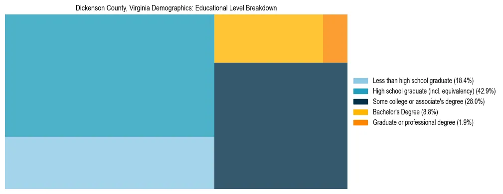 Treemap chart illustrating the educational attainment breakdown for population 25 years and over in Dickenson County, Virginia.