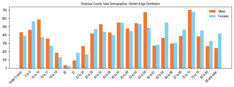 Bar chart showing the population distribution of Dickinson County, Iowa by age group and gender, based on 2023 ACS data.