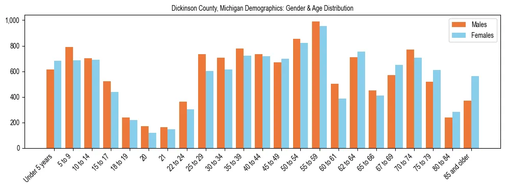 Bar chart showing the population distribution of Dickinson County, Michigan by age group and gender, based on 2023 ACS data.