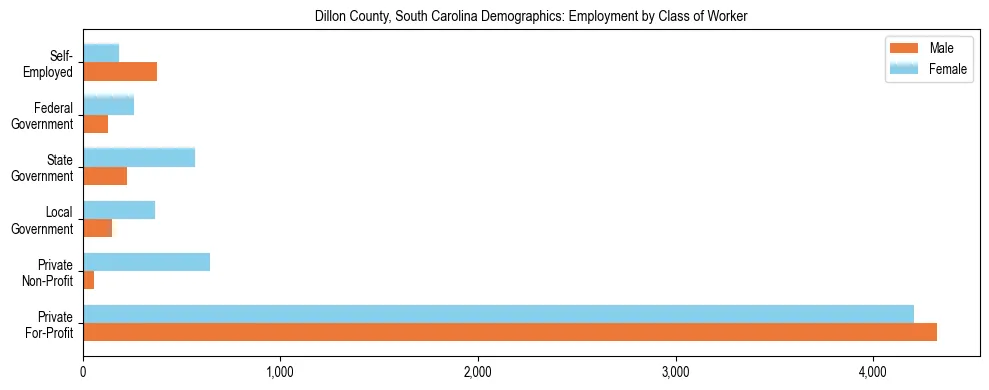 Horizontal bar chart showing employment distribution by class of worker and gender in Dillon County, South Carolina, based on 2023 ACS data.