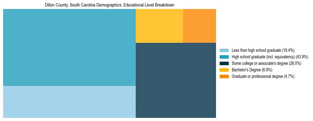 Treemap chart illustrating the educational attainment breakdown for population 25 years and over in Dillon County, South Carolina.