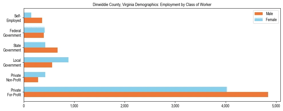 Horizontal bar chart showing employment distribution by class of worker and gender in Dinwiddie County, Virginia, based on 2023 ACS data.