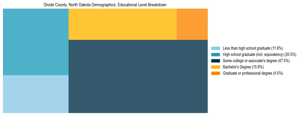 Treemap chart illustrating the educational attainment breakdown for population 25 years and over in Divide County, North Dakota.