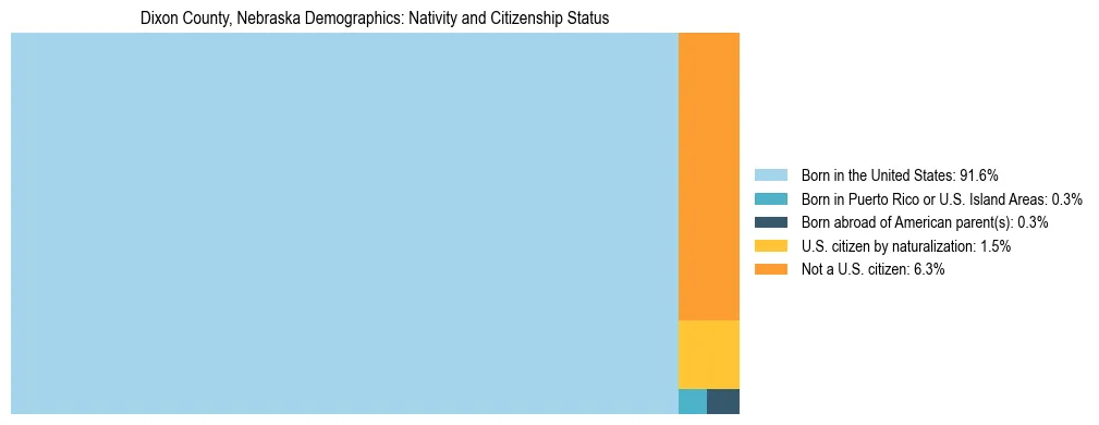 Treemap showing the population distribution by nativity and citizenship status in Dixon County, Nebraska based on U.S. Census data.