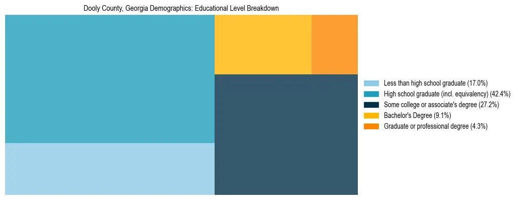 Treemap chart illustrating the educational attainment breakdown for population 25 years and over in Dooly County, Georgia.