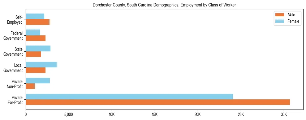 Horizontal bar chart showing employment distribution by class of worker and gender in Dorchester County, South Carolina, based on 2023 ACS data.