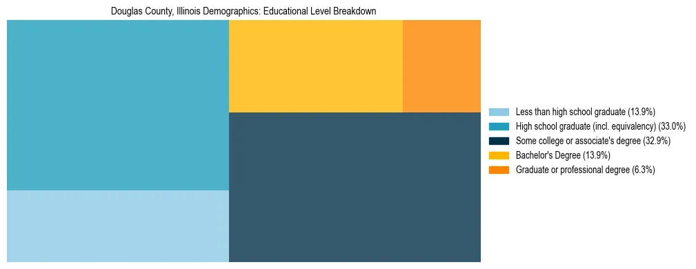 Treemap chart illustrating the educational attainment breakdown for population 25 years and over in Douglas County, Illinois.