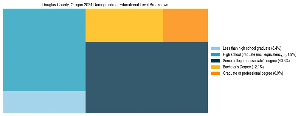 Treemap chart illustrating the educational attainment breakdown for population 25 years and over in Douglas County, Oregon.
