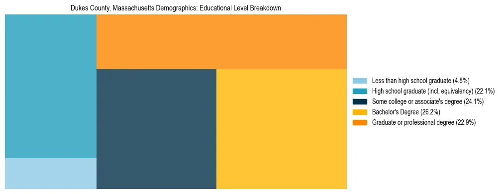 Treemap chart illustrating the educational attainment breakdown for population 25 years and over in Dukes County, Massachusetts.