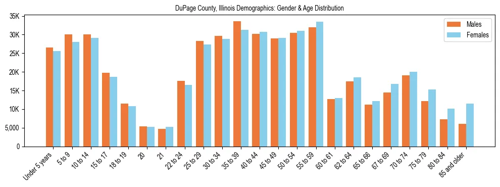 Bar chart showing the population distribution of DuPage County, Illinois by age group and gender, based on 2023 ACS data.
