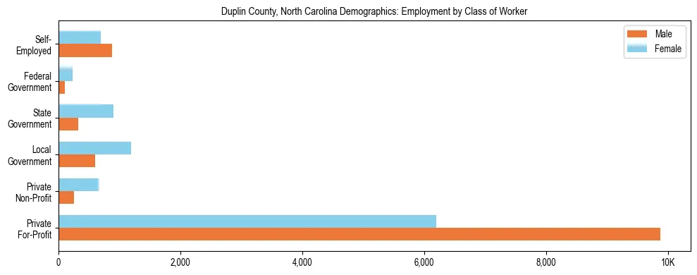 Horizontal bar chart showing employment distribution by class of worker and gender in Duplin County, North Carolina, based on 2023 ACS data.