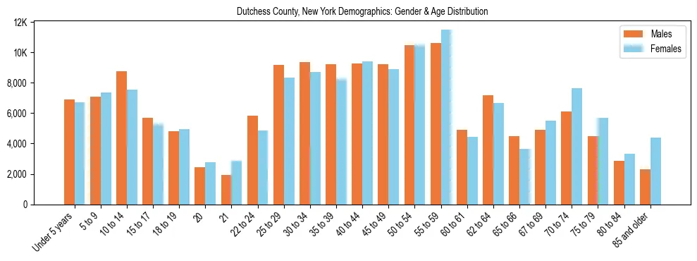 Bar chart showing the population distribution of Dutchess County, New York by age group and gender, based on 2023 ACS data.