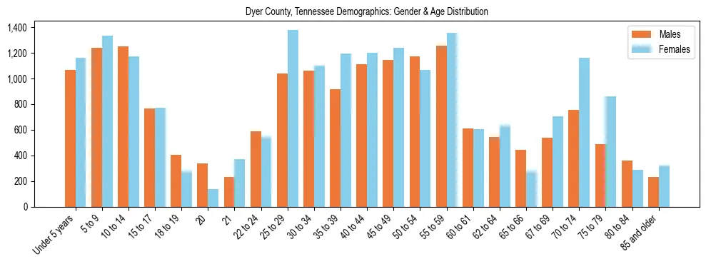Bar chart showing the population distribution of Dyer County, Tennessee by age group and gender, based on 2023 ACS data.