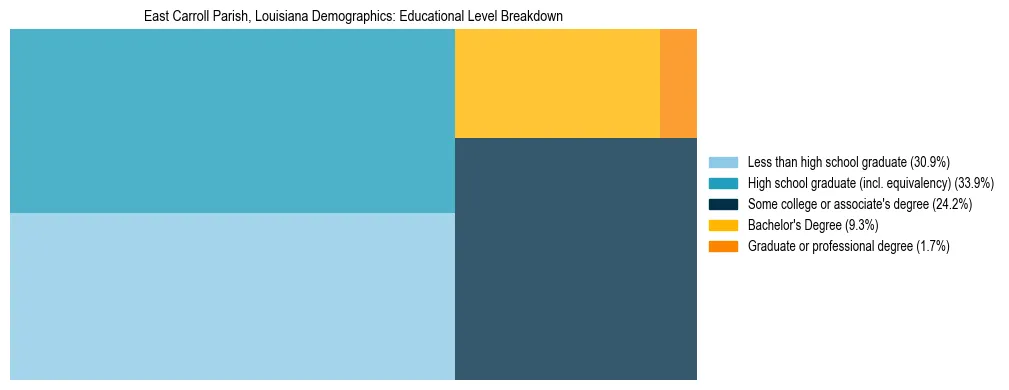 Treemap chart illustrating the educational attainment breakdown for population 25 years and over in East Carroll Parish, Louisiana.
