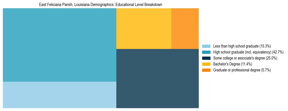 Treemap chart illustrating the educational attainment breakdown for population 25 years and over in East Feliciana Parish, Louisiana.