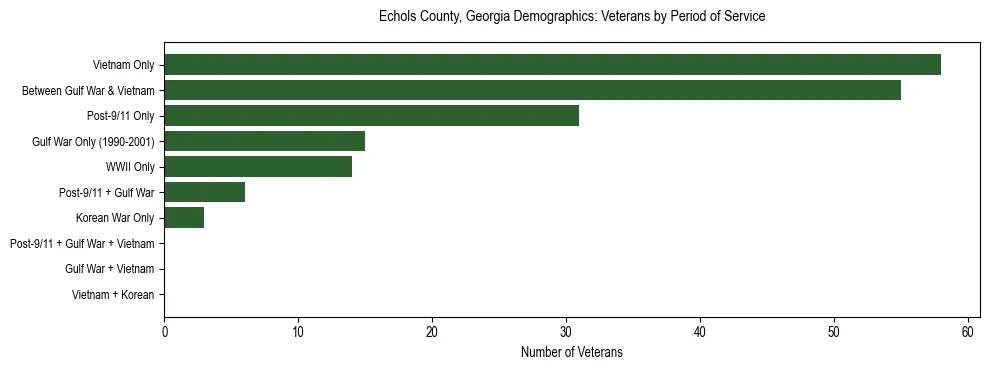 Horizontal bar chart showing veteran distribution by period of military service in Echols County, Georgia, based on 2023 ACS data.