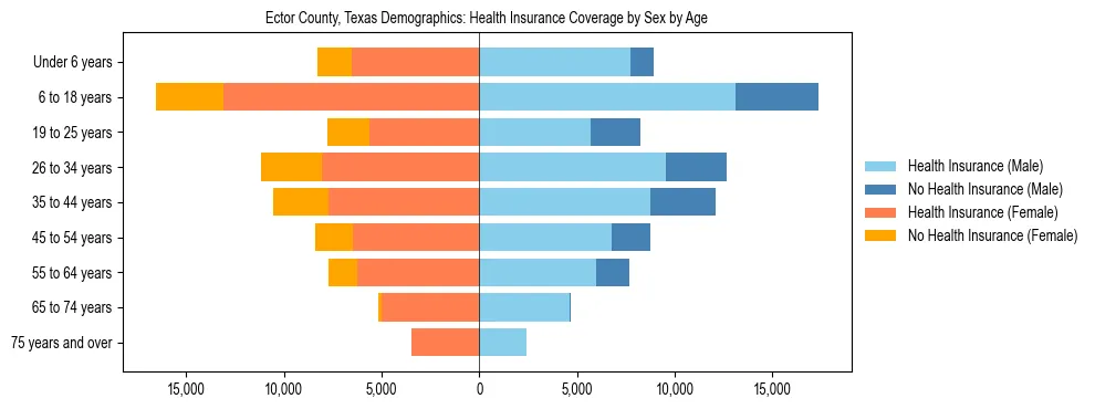 Pyramid chart showing health insurance coverage by age and sex in Ector County, Texas.