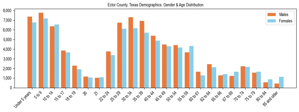 Bar chart showing the population distribution of Ector County, Texas by age group and gender, based on 2023 ACS data.
