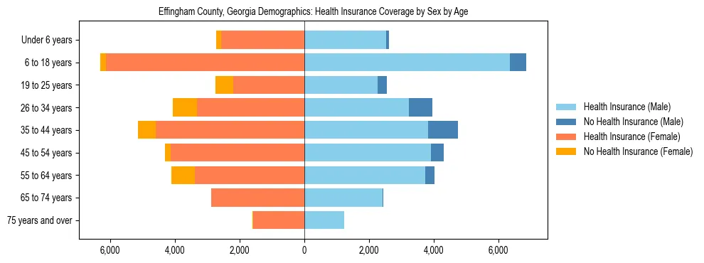 Pyramid chart showing health insurance coverage by age and sex in Effingham County, Georgia.