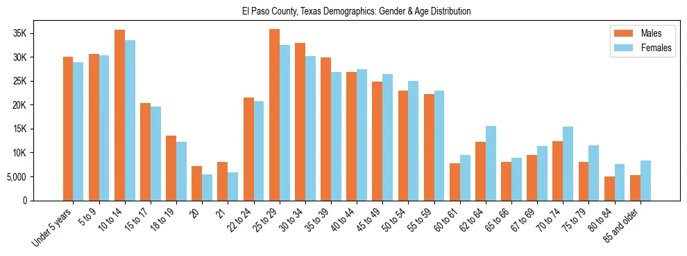 Bar chart showing the population distribution of El Paso County, Texas by age group and gender, based on 2023 ACS data.
