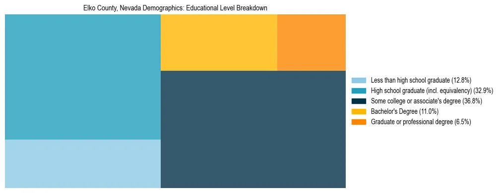 Treemap chart illustrating the educational attainment breakdown for population 25 years and over in Elko County, Nevada.
