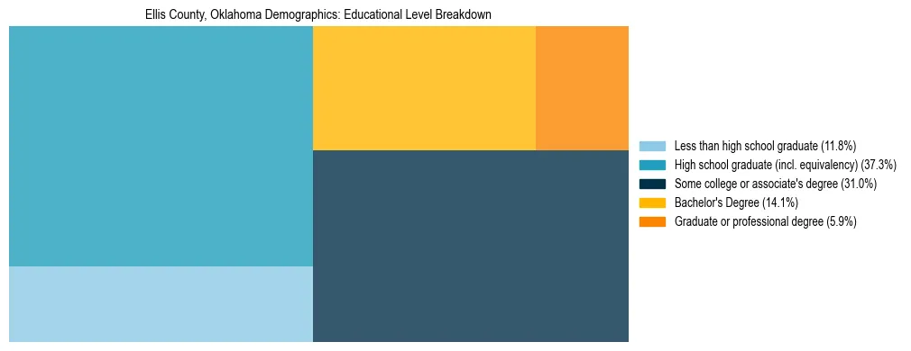 Treemap chart illustrating the educational attainment breakdown for population 25 years and over in Ellis County, Oklahoma.