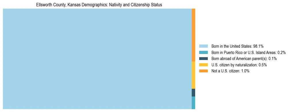 Treemap showing the population distribution by nativity and citizenship status in Ellsworth County, Kansas based on U.S. Census data.