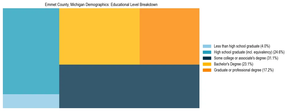 Treemap chart illustrating the educational attainment breakdown for population 25 years and over in Emmet County, Michigan.