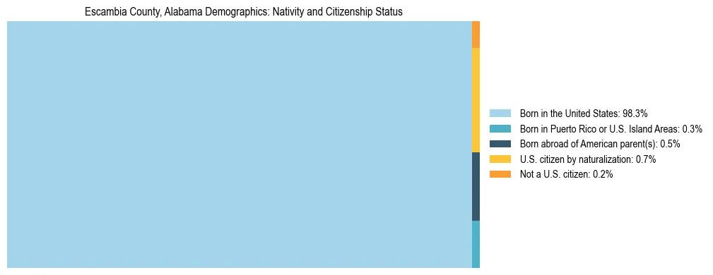 Treemap showing the population distribution by nativity and citizenship status in Escambia County, Alabama based on U.S. Census data.