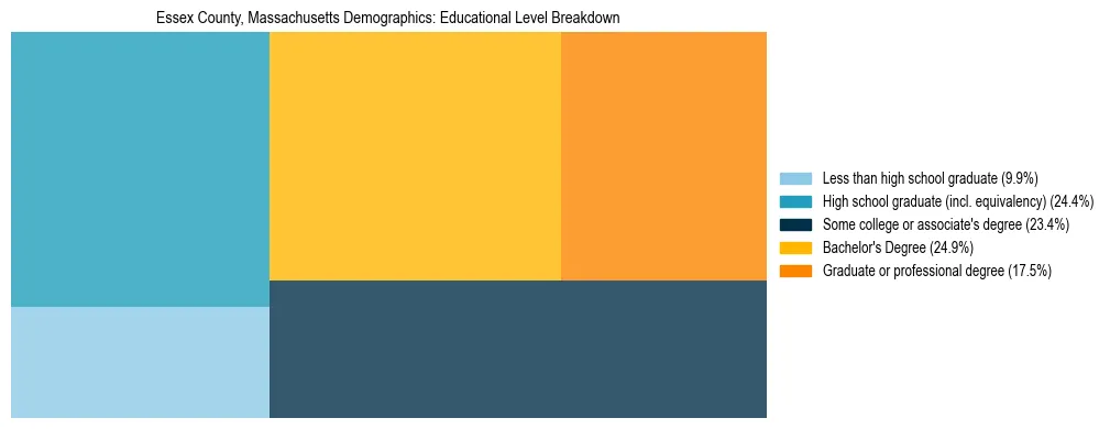 Treemap chart illustrating the educational attainment breakdown for population 25 years and over in Essex County, Massachusetts.